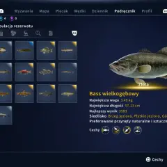 Złoty bass wielkogębowy, największa waga 3.49 kg, długość 57.13 cm. Połów z brzegu jeziora, preferuje przynęty typu Popper.