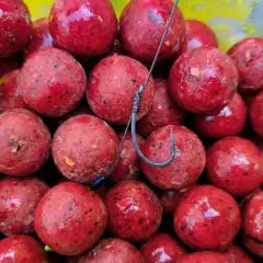 Stos kulek proteinowych na karpia, gotowych do zarzucenia. Te najskuteczniejsze kulki proteinowe na karpia mają intensywnie czerwony kolor i widoczne drobinki.