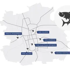Mapa Łodzi z zaznaczonymi łowiskami i ikoną ryby.