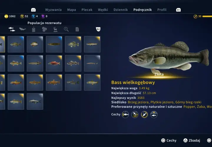 Złoty bass wielkogębowy, największa waga 3.49 kg, długość 57.13 cm. Połów z brzegu jeziora, preferuje przynęty typu Popper.