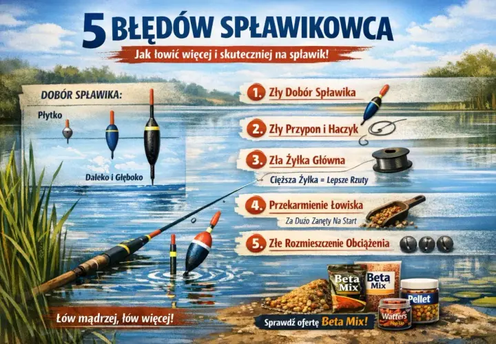 Ilustracja o wędkowaniu na spławik, pokazująca błędy i akcesoria, w tym różne spławiki. Zobacz, jak łowić mądrzej i więcej!