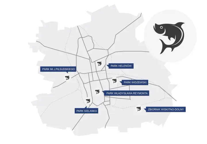 Mapa Łodzi z zaznaczonymi łowiskami i ikoną ryby.