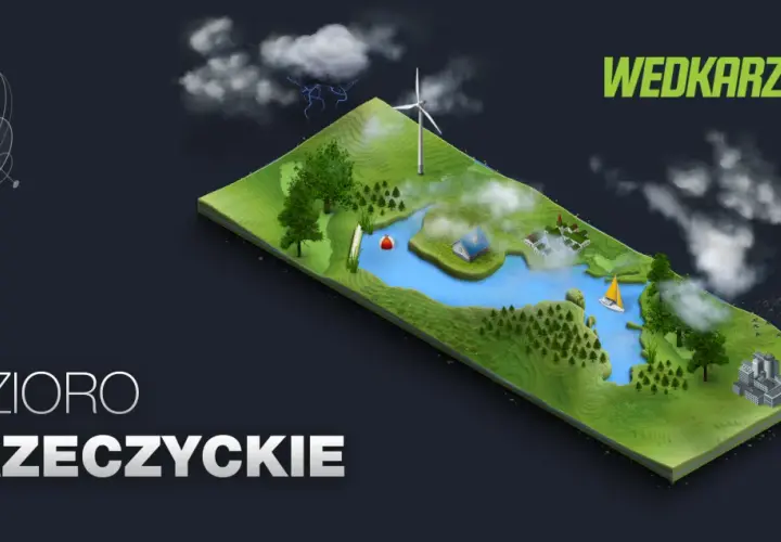Wizualizacja jeziora Przeczyckiego z żaglówką, domkami i wiatrakiem. Nadciąga burza.