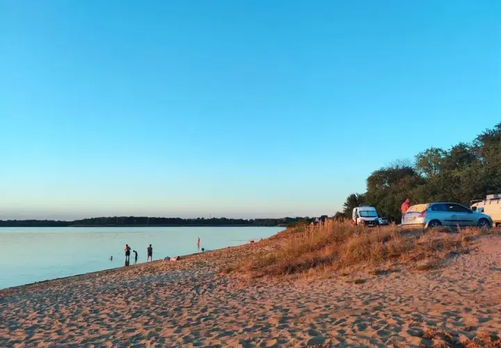 Piękny dzień nad **dzierżno duże**. Ludzie kąpią się w jeziorze, a na plaży stoją samochody i kampery.