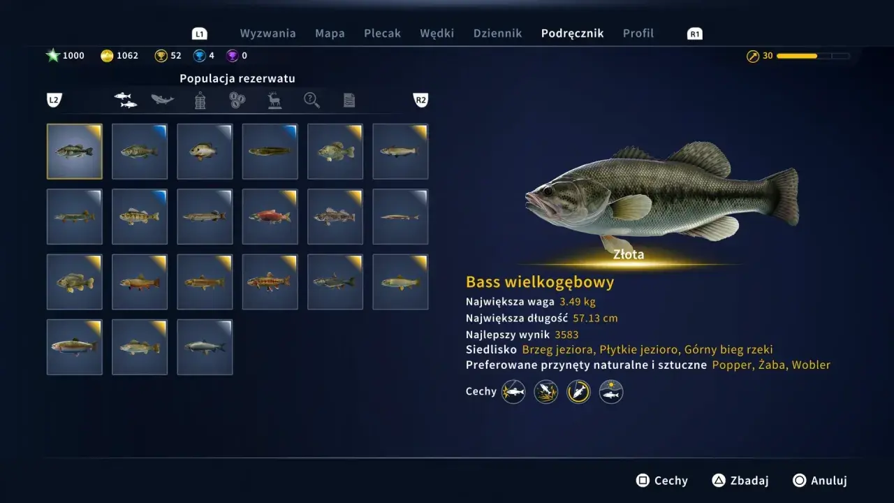 Złoty bass wielkogębowy, największa waga 3.49 kg, długość 57.13 cm. Połów z brzegu jeziora, preferuje przynęty typu Popper.