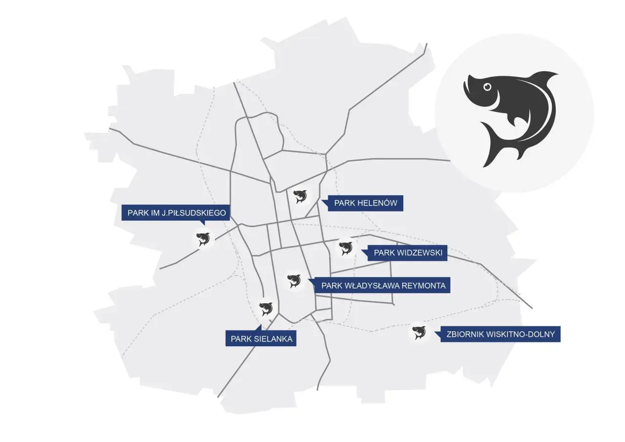 Mapa Łodzi z zaznaczonymi łowiskami i ikoną ryby.