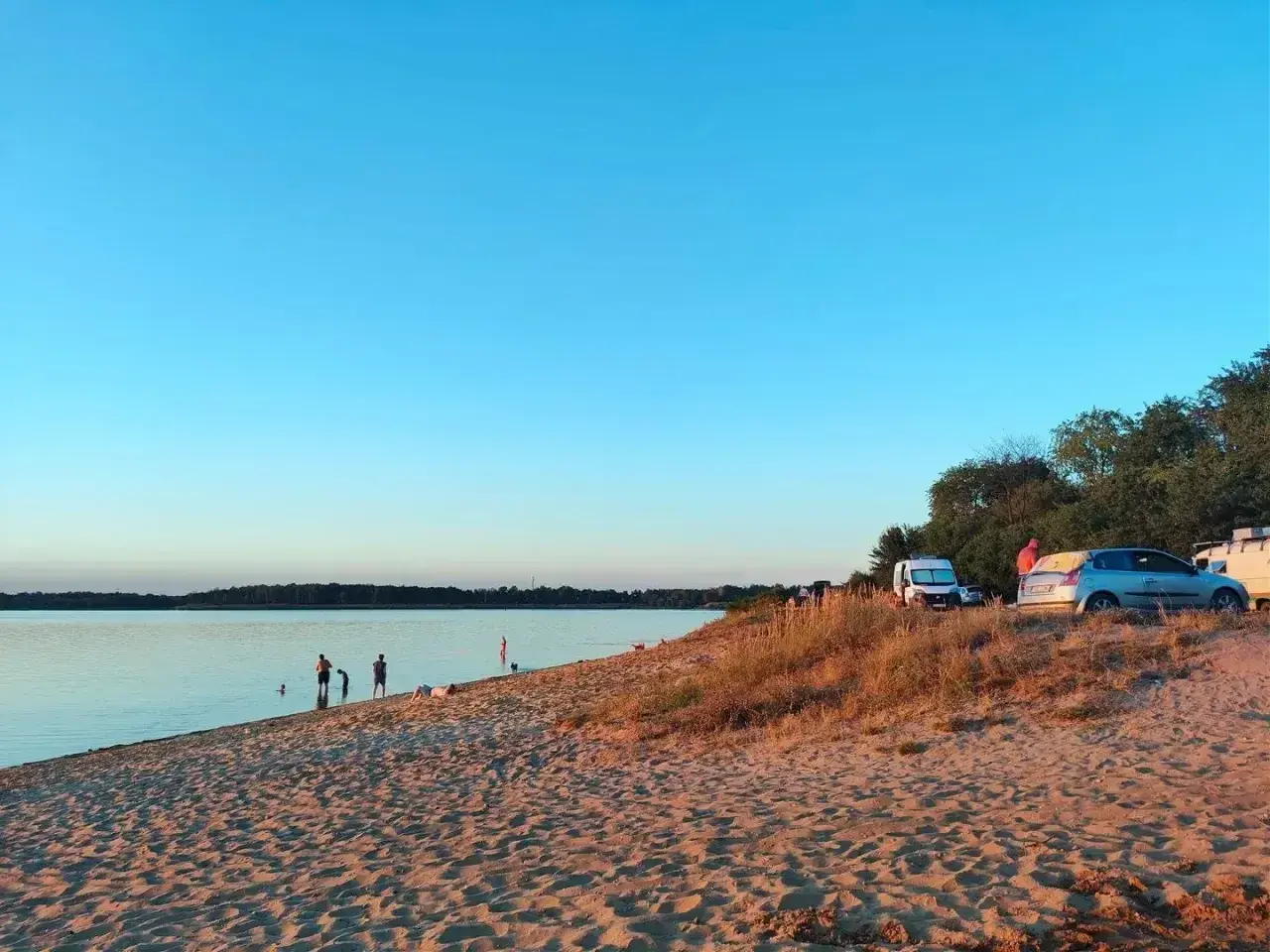 Piękny dzień nad **dzierżno duże**. Ludzie kąpią się w jeziorze, a na plaży stoją samochody i kampery.