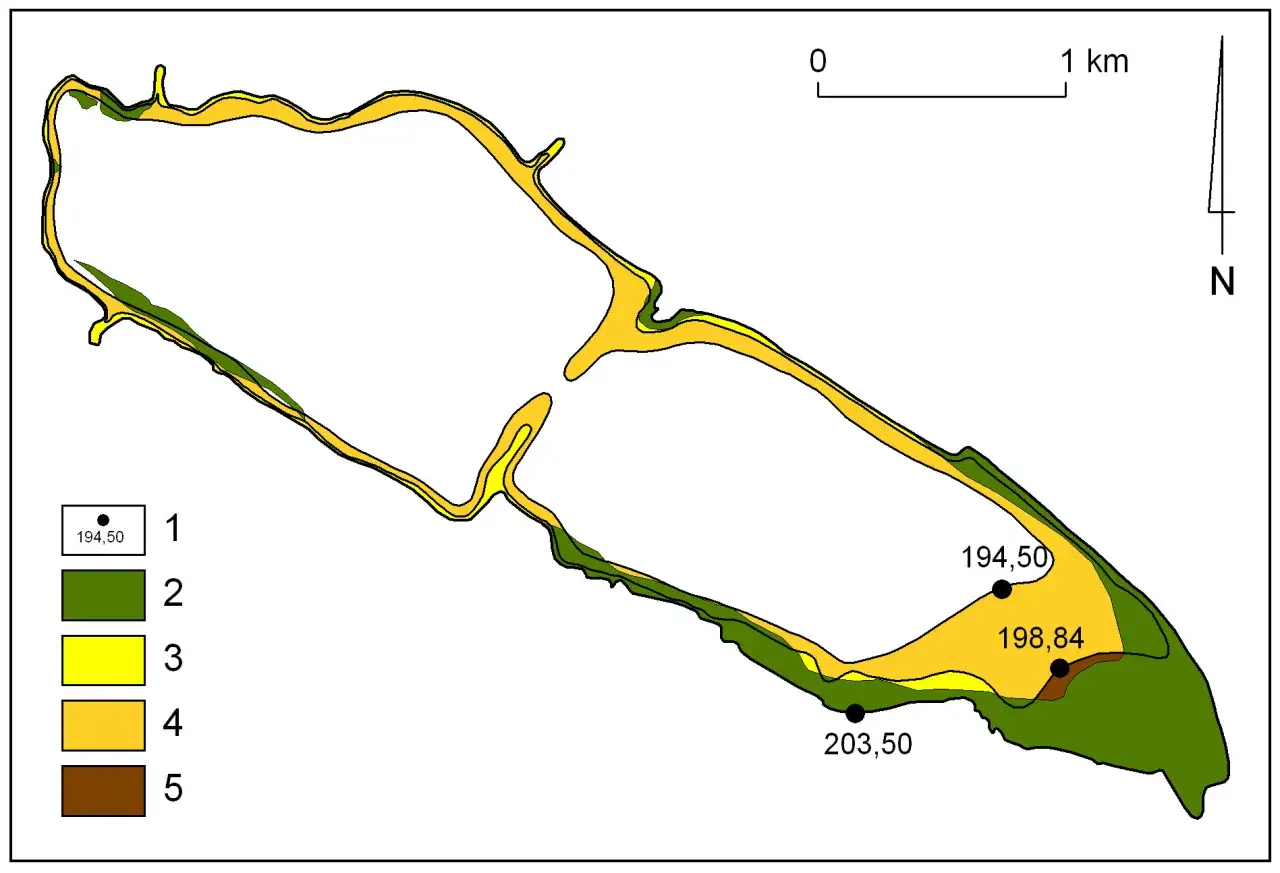 Mapa geologiczna przedstawiająca zróżnicowane warstwy terenu, z zaznaczonymi punktami pomiarowymi. Dzierżno duże w przekroju.